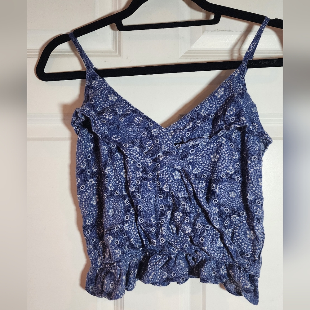 Hollister Blue And White Patterned Crop Sleeveless Top S